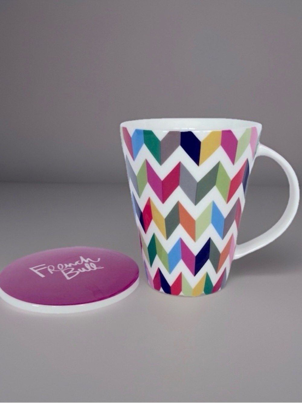 Ceramic Coffee Tea Mug & Lid Multicolored Geometric Zigzag Chevron French Bull